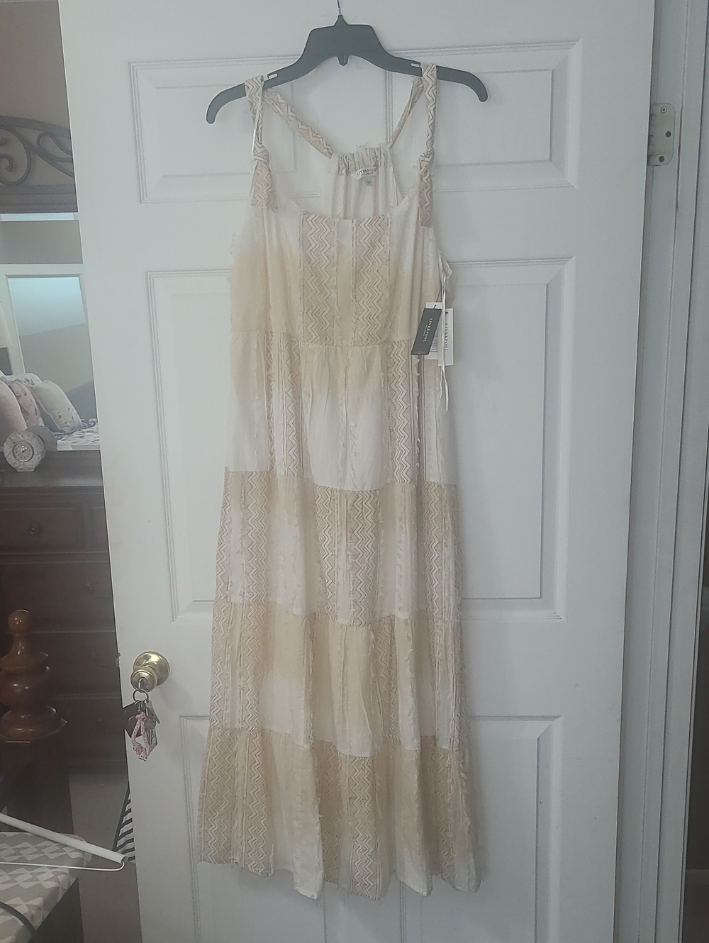 LIVERPOOL LOS ANGELES Boho Cream Tiered Maxi Dress with Lace Detail SZ L